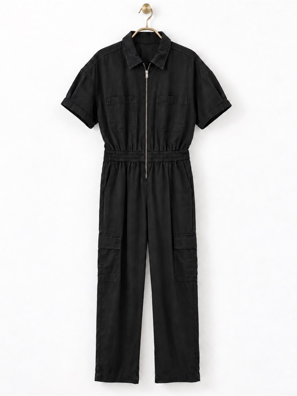 Vuori Coastline Black Lyocell Front Zip Utility Jumpsuit Medium Cargo 25” Inseam - Picture 2 of 5